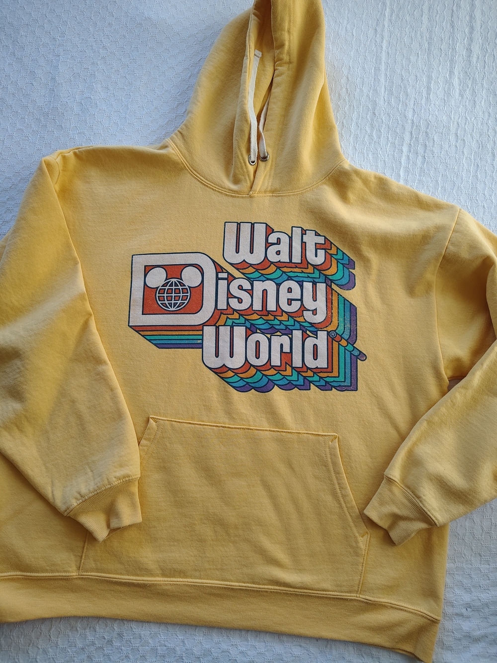 Disney Parks Retro Rainbow Walt Disney World Yellow Hoodie Sweatshirt Size L